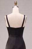 Black Mermaid Satin Ruched Thick Straps Long Formal Dress