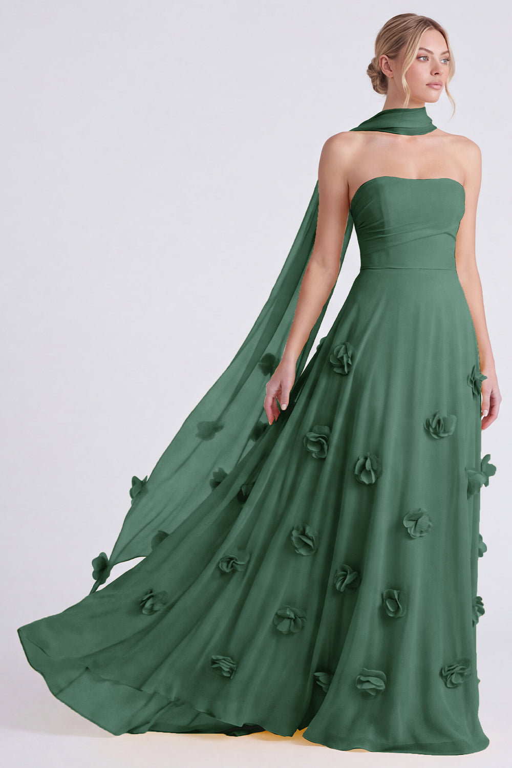 ZAPAKA Women Daffodil Strapless Long Bridesmaid Dress with 3D Flowers Chiffon A-Line Wedding Guest Dress, Dusty Sage / US10