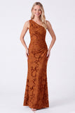 Espresso One Shoulder Mermaid Floral Ruched Long Bridesmaid Dress
