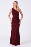 Espresso One Shoulder Mermaid Floral Ruched Long Bridesmaid Dress
