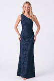 Espresso One Shoulder Mermaid Floral Ruched Long Bridesmaid Dress