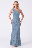 Espresso One Shoulder Mermaid Floral Ruched Long Bridesmaid Dress