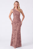 Espresso One Shoulder Mermaid Floral Ruched Long Bridesmaid Dress
