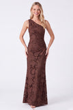 Espresso One Shoulder Mermaid Floral Ruched Long Bridesmaid Dress