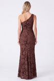 Espresso One Shoulder Mermaid Floral Ruched Long Bridesmaid Dress