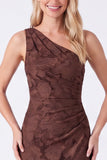 Espresso One Shoulder Mermaid Floral Ruched Long Bridesmaid Dress