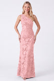 Espresso One Shoulder Mermaid Floral Ruched Long Bridesmaid Dress