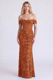 Off the Shoulder Espresso Corset Ruched Mermaid Floral Long Bridesmaid Dress with Lace Up Back