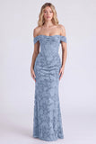 Off the Shoulder Espresso Corset Ruched Mermaid Floral Long Bridesmaid Dress with Lace Up Back
