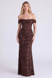 Off the Shoulder Espresso Corset Ruched Mermaid Floral Long Bridesmaid Dress with Lace Up Back
