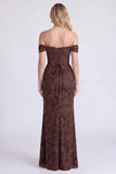 Off the Shoulder Espresso Corset Ruched Mermaid Floral Long Bridesmaid Dress with Lace Up Back