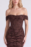 Off the Shoulder Espresso Corset Ruched Mermaid Floral Long Bridesmaid Dress with Lace Up Back
