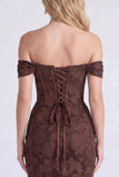 Off the Shoulder Espresso Corset Ruched Mermaid Floral Long Bridesmaid Dress with Lace Up Back
