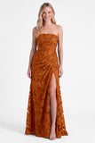 Strapless Espresso Mermaid Floral Ruched Long Bridesmaid Dress with Slit