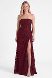 Strapless Espresso Mermaid Floral Ruched Long Bridesmaid Dress with Slit