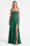 Strapless Espresso Mermaid Floral Ruched Long Bridesmaid Dress with Slit