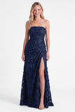 Strapless Espresso Mermaid Floral Ruched Long Bridesmaid Dress with Slit