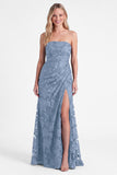 Strapless Espresso Mermaid Floral Ruched Long Bridesmaid Dress with Slit