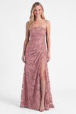 Strapless Espresso Mermaid Floral Ruched Long Bridesmaid Dress with Slit