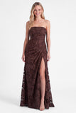 Strapless Espresso Mermaid Floral Ruched Long Bridesmaid Dress with Slit