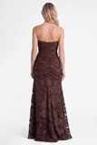 Strapless Espresso Mermaid Floral Ruched Long Bridesmaid Dress with Slit