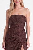 Strapless Espresso Mermaid Floral Ruched Long Bridesmaid Dress with Slit