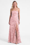 Strapless Espresso Mermaid Floral Ruched Long Bridesmaid Dress with Slit