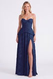 Sweetheart Dusty Sage Floral A-Line Ruffled Long Bridesmaid Dress with Slit