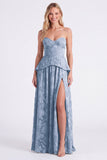Sweetheart Dusty Sage Floral A-Line Ruffled Long Bridesmaid Dress with Slit
