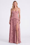 Sweetheart Dusty Sage Floral A-Line Ruffled Long Bridesmaid Dress with Slit
