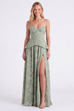 Sweetheart Dusty Sage Floral A-Line Ruffled Long Bridesmaid Dress with Slit