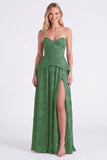 Sweetheart Dusty Sage Floral A-Line Ruffled Long Bridesmaid Dress with Slit