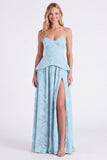 Sweetheart Dusty Sage Floral A-Line Ruffled Long Bridesmaid Dress with Slit