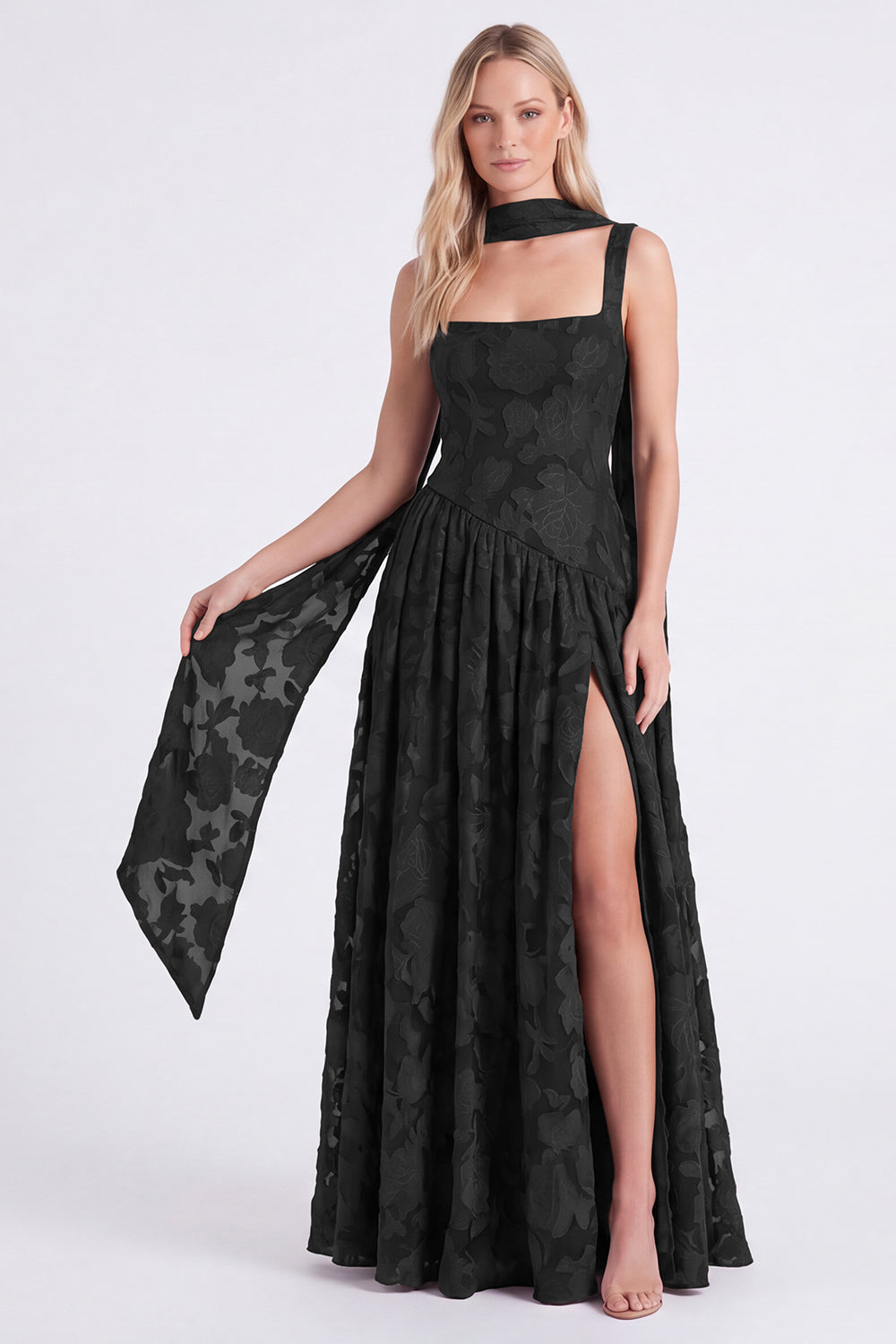 ZAPAKA Women Espresso A-Line Bridesmaid Dress with Slit Floral Square Neck Long Wedding Guest Dress, Black / US6