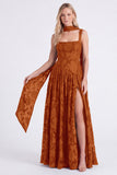 Espresso Floral Square Neck A-Line Long Bridesmaid Dress with Slit