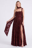 Espresso Floral Square Neck A-Line Long Bridesmaid Dress with Slit