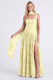 Espresso Floral Square Neck A-Line Long Bridesmaid Dress with Slit
