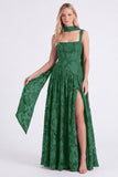 Espresso Floral Square Neck A-Line Long Bridesmaid Dress with Slit
