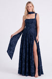 Espresso Floral Square Neck A-Line Long Bridesmaid Dress with Slit