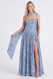 Espresso Floral Square Neck A-Line Long Bridesmaid Dress with Slit
