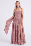 Espresso Floral Square Neck A-Line Long Bridesmaid Dress with Slit