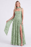 Espresso Floral Square Neck A-Line Long Bridesmaid Dress with Slit