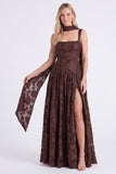 Espresso Floral Square Neck A-Line Long Bridesmaid Dress with Slit