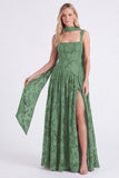 Espresso Floral Square Neck A-Line Long Bridesmaid Dress with Slit