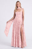 Espresso Floral Square Neck A-Line Long Bridesmaid Dress with Slit