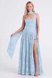 Espresso Floral Square Neck A-Line Long Bridesmaid Dress with Slit