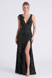 Mermaid Espresso Floral V-Neck Ruffled Long Bridesmaid Dress with Slit
