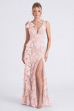 Mermaid Espresso Floral V-Neck Ruffled Long Bridesmaid Dress with Slit