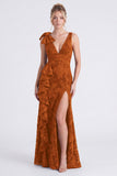 Mermaid Espresso Floral V-Neck Ruffled Long Bridesmaid Dress with Slit