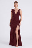 Mermaid Espresso Floral V-Neck Ruffled Long Bridesmaid Dress with Slit